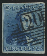 N° 2A 20c. Blauw, Zeer Goed Gerand En Mooie Centrale Afst. P.120-Tournay, Zm (OBP €60 + COBA €10) - 1849 Mostrine