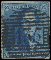 N° 2A 20c. Blauw, Goed Gerand, Zeer Mooie Centrale Afst. P.135-Zelzaete, Zm (OBP €60 + COBA €60) - 1849 Hombreras