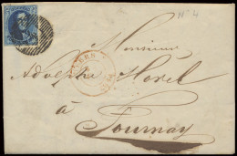 N° 4 20c. Blauw, Zeer Goed Gerand Op Mooie Brief Van P.4-Antwerpen Naar Tournay 5/3/1851 (warmtekleur Gecontroleerd), Zm - 1849-1850 Medaglioni (3/5)