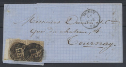 1860 N° 10 10c. Bruin In Paar Op Brief Met Bladboord P.115-Thielt Naar Tournay, 15 Mai 1860, Zm/m (OBP €45 + COBA €24) - 1957