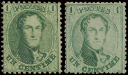 * N° 13A + 13B 1c. Geelgroen Met Tanding 12,5 X 13,5 + 1c. Geelgroen Met Tanding 14 1/2, Beide Met Frisse Originele Gom, - 1863-1864 Medallones (13/16)