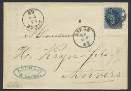 1863, N° 15 20c. Blauw Op Brief Met Dubbele Vertrekstempel, Zm/m - 1863-1864 Médaillons (13/16)