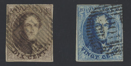 N° 10 + 11 10c. Bruin + 20c. Blauw, Mooi Gerand, Zeer Mooie Distributie Afst. D.100-Gerpinnes, Zm/m (OBP €20 + COBA €55) - 1849-1865 Medallones (Otros)