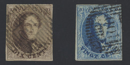 N° 10 + 11 10c. Bruin + 20c. Blauw, Mooi Gerand, Zeer Mooie Distributie Afst. D.100-Gerpinnes, Zm/m (OBP €20 + COBA €55) - 1849-1865 Medallions (Other)