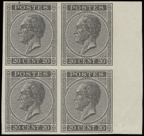 Type 18 20c. Zwart In Blok Van 4 Met Bladboord, Proef Van De Plaat, Zonder Gom, Ongetand Op Glad Wit Papier, 2 Zegels Ge - 1865-1866 Perfil Izquierdo