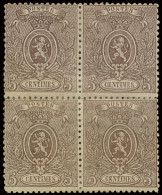 * N° 25 5c. Bruin, Tanding 14 1/2 X 14, In Blok Van 4 Zegels, Met Originele Gom, In Het Midden Versterkt Met Scharnier E - 1866-1867 Coat Of Arms