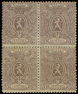 * N° 25 5c. Bruin, Tanding 14 1/2 X 14, In Blok Van 4 Zegels, Met Originele Gom, In Het Midden Versterkt Met Scharnier E - 1866-1867 Blasón