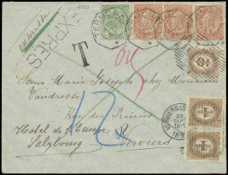 1899 N° 56 En 57 (3x) Op Prachtige Expresbrief Van Termonde Op 30 Sept 99 (telegraafstempel Met Dubbelcirkel En één Ster - 1893-1900 Thin Beard