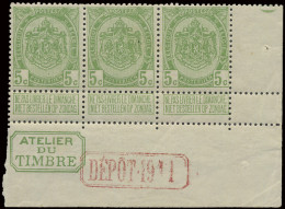 ** N° 83 '5 Cent.' (strip Van 3) Met 'Atelier Du Timbre' En 'Depot 1911', Zm (OBP € ++165) - 1893-1907 Coat Of Arms