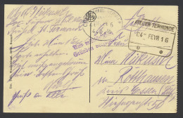 1916 Postkaart Met Spoorwegstempel Atelier-Termonde 14 Fevr 16  naar Rotthausen, Duitse Ambulant 4.2.16 En Tweeregelige  - Armada Alemana