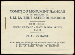 ** Koninging Astrid, 2 Franse Boekjes Met Elk 10 Vignetten In Bordeaux En Groen Comité Du Monument Français à La Mémoire - Sonstige & Ohne Zuordnung