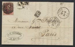 1862 N° 12 Volrandig Op Brief P.73-Liège Naar Parijs, Centrale Afstempeling PD, BELG A BROUELINES, 25 JUIN 62, Zm (OBP € - Other & Unclassified