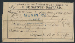 1895 Brief Van Station De Soignies (zeshoekige Stempel) 13.11.1895 Naar Menins (blauwe Stempel Op Twee Lijnen MENIN 13 N - Otros & Sin Clasificación