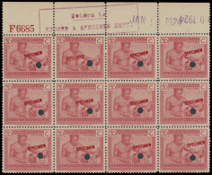 ** N° 111 (block Of 12 Stamps) 30c. Pink Vloors Issue, With SPECIMEN Overprint In Red, Punched, Marginal Inscription F 6 - Other & Unclassified