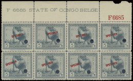 ** N° 116 (block Of 8 Stamps) 5fr. Black Grey Vloors Issue, With SPECIMEN Overprint In Red, Punched, Marginal Inscriptio - Other & Unclassified