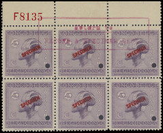 ** N° 121 (block Of 6 Stamps) 40c. Lilac Vloors Issue, With SPECIMEN Overprint In Red, Punched, Marginal Inscription F81 - Autres & Non Classés