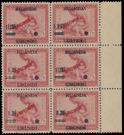 ** N° 90 (block Of 6 Stamps) 1fr. Pink Vloors Issue With Proof Of Overprint 1,25fr. / 1fr. Ruanda Urundi, 4 Stamps With  - Other & Unclassified