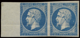 ** N° 14B Napoléon III 20c. Blauw, Type II, Horizontaal Paar Met Bladboord, Volle Originele Gom, Maar Met Lichte Gomploo - 1863-1870 Napoléon III Lauré