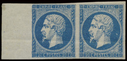 ** N° 14B Napoléon III 20c. Blauw, Type II, Horizontaal Paar Met Bladboord, Volle Originele Gom, Maar Met Lichte Gomploo - 1863-1870 Napoleon III With Laurels