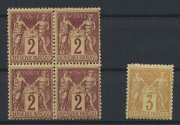 * N° 85 + 86 2c. Brun Rouge - Type II In Blok Van 4 Zegels (1 Zegel Dun), 3c. Bistre Jaune - Type II, Beide Met Zeer Lic - 1876-1898 Sage (Tipo II)