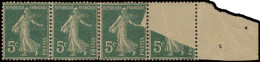 **/* N° 137h-I-Cu (4x) Semeuse Fond Plein - 5c. Vert, Papier G.C., In Strip Van 4 Zegels Met Spectaculaire Misdruk Op 2  - Otros & Sin Clasificación