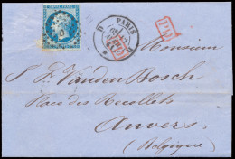 1861 N° 14Ad 20c. Bleu Sur Vert Percé En Lignes, Op Brief Verstuurd Uit Parijs Bureau D 12/04/1861, Naar Antwerpen (Nota - Other & Unclassified