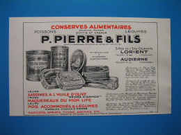 (1931) Conserves Alimentaires - Sardines, Maquereaux, Petits Pois, Haricots -  P. PIERRE & Fils  - Lorient, Audierne - Advertising