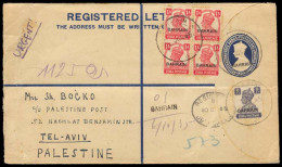 BAHRAIN. 1945 (8 Oct). Bahrain - Palestine / Tel - Aviv (10 Oct). Registered George VI 3 Annas + One Anna With Overprint - Bahrain (1965-...)