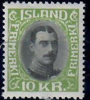 ISLANDA 1931/34 RE CRISTIANO 10 KR. NERO VERDE  MH/* - Unused Stamps