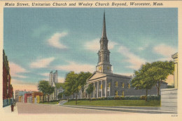 Worcester, Massachusetts, Main Street, Unitarian Church And Wesley Church Beyond - Worcester