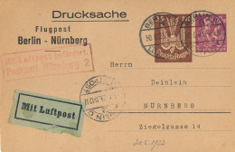 DRUCKSACHE - 1923  FLUGPOST  BERLIN - NÜRNBERG MIT LUFTPOST BEFÖRDERT  POSTAMT NÜRBERG 2 - Luft- Und Zeppelinpost