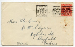 Australia 1933 Cover - Sydney To Brisbane; 2p. KGV; Slogan Cancel - Victoria And City Of Melbourne Centenary 1934 - Brieven En Documenten