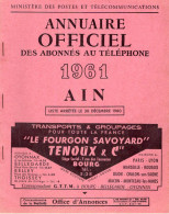 ANNUAIRE - 01 - Département Ain - Année 1961 - Annuaire Officiel Des Postes - 116 Pages - Telephone Directories