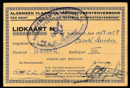 GENT ALGEMEEN VLAAMSCH HOOGSTUDENTENVERBOND - TAK GENT  LIDKAART  1928 - 1929 - Gent