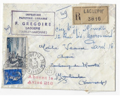 LAGUEPIE Tarn Et Garonne Lettre Recommandé 65F Evian 20F Muller Dest Montauban Rexp Paris 216 Absent Avisé Yv 1011B 1131 - 1921-1960: Moderne