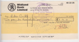 Midland Bank SARK La Heche Branch Cheque - Dated 1969 - Sark Sub Branch To Guernsey - Chèques & Chèques De Voyage