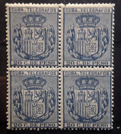 CUBA 1894 TELEGRAFOS / TELEGRAPHES, Bloc De 4 Yvert 76, 20 C Bleu ,neuf** MNH,  TTB - Cuba (1874-1898)