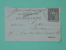 DB22 FRANCE   BELLE CARTE TELEGRAMME   1891 PARIS + AFFR. BLEU NTERESSANT++ - Neumáticos