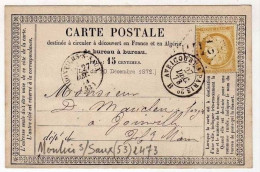 !!! CARTE PRECURSEUR CERES CACHET DE MONTIERS SUR SAUX (MEUSE) 1873 + AMBULANT AVRICOURT A PARIS - Cartes Précurseurs