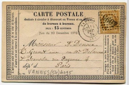 !!! CARTE PRECURSEUR CERES CACHET DE VANNES (MORBIHAN) 1875 - Cartes Précurseurs