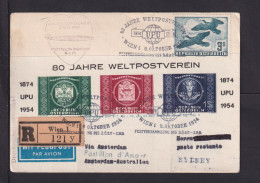 1954 - UPU-Adresszettel Und 3 S. Flugpost (985) Auf Einschreib-Flugpostkarte Ab Wien Nach Australien - Brieven En Documenten