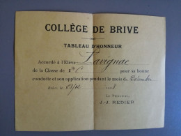 Tableau D'honneur Collège De Brive 1908 - Diplômes & Bulletins Scolaires