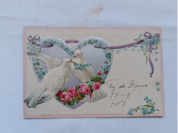 BEAUTIFUL ANTIQUE RELIEF POSTCARD VALENTINE DAY DOVES INSIDE A GREY HEART CIRCULATED 1908 - Valentijnsdag