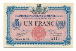 C.D.C. // MENDE (Lozère 48) // Septembre 1917 // Un Franc // Sans Filigrane // SUP - Chambre De Commerce