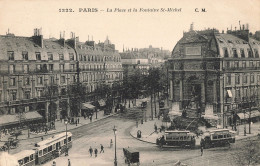 75 Paris La Place Et La Fontaine Saint Michel CPA Tram Tramway Cachet 1923 - Transport Urbain En Surface