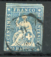 SUI 1854 Yv. N° 27b Papier Moyen (o) 10r Bleu  Helvetia Fil De Soie Vert ND Cote 110 Euro  BE   R  2 Scans - Usati