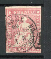 SUI 1854 Yv. N° 28c  Papier Mince (o) 15r Rose  Helvetia Fil De Soie Vert ND Cote 225 Euro  BE  2 Scans - Used Stamps