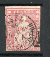 SUI 1854 Yv. N° 28c  Papier Mince (o) 15r Rose  Helvetia Fil De Soie Vert ND Cote 225 Euro  BE  2 Scans - Gebraucht