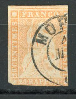 SUI 1854 Yv. N° 29  Papier Moyen (o) 20r Orange  Helvetia Fil De Soie Vert ND Cote 180 Euro  D 2 Scans - Used Stamps