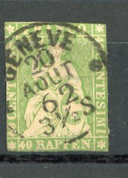 SUI 1854 Yv. N° 30a  Papier Moyen (o) 40r Vert  Helvetia Fil De Soie Rouge-brun ND Cote 90 Euro  BE R 2 Scans - Gebraucht